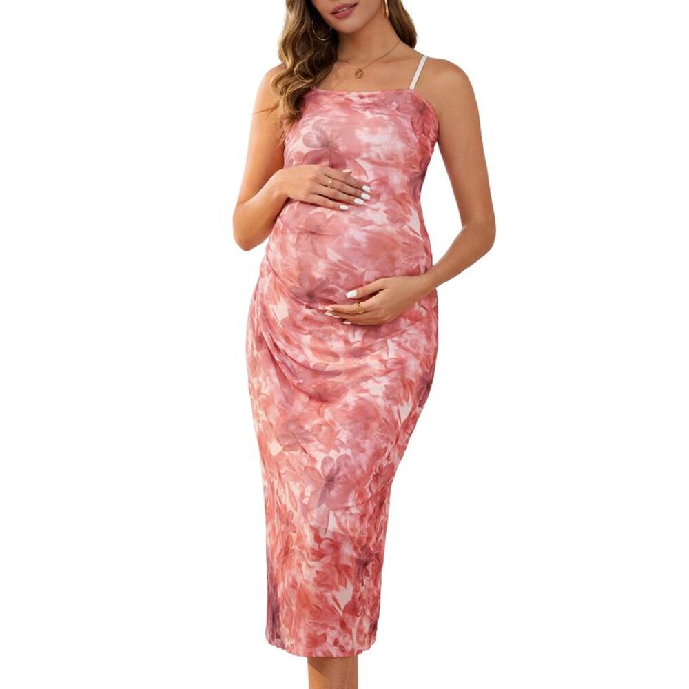 Maternity Mesh Ruched Side Bodycon Spaghetti Strap Dresses Red Floral
